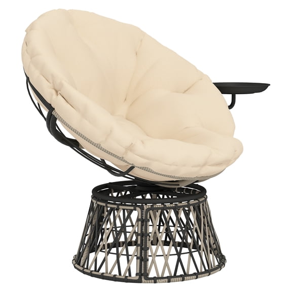 Swivel Papasan Chair Outdoor, 39" Overstuffed Circle Chair with Side Table, Thick Cushion Patio Chair for Indoor Use, Beige