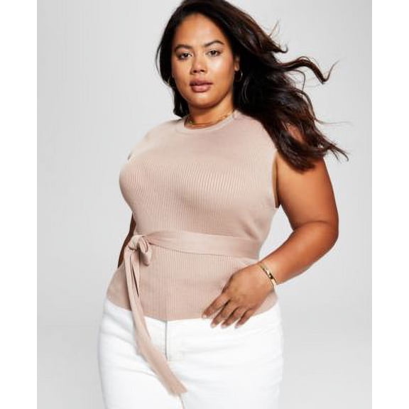 Now This Trendy Plus Size Ribbed Tie Waist Top Almond 3X