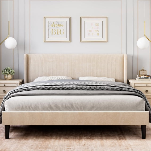 Upholstered Bed Frame King with Wingback headboard, Platform Bed Frame with Headboard, Wood Slats Support, Noise Free, Beige