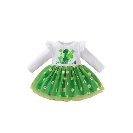 

Gureui Newborn Infant Toddler Baby Girl Long Sleeve Dress Clover Letter Printed Gold Dot Pattern Mesh Patchwork Ruffles Decor Dress with Headband Clothes Set