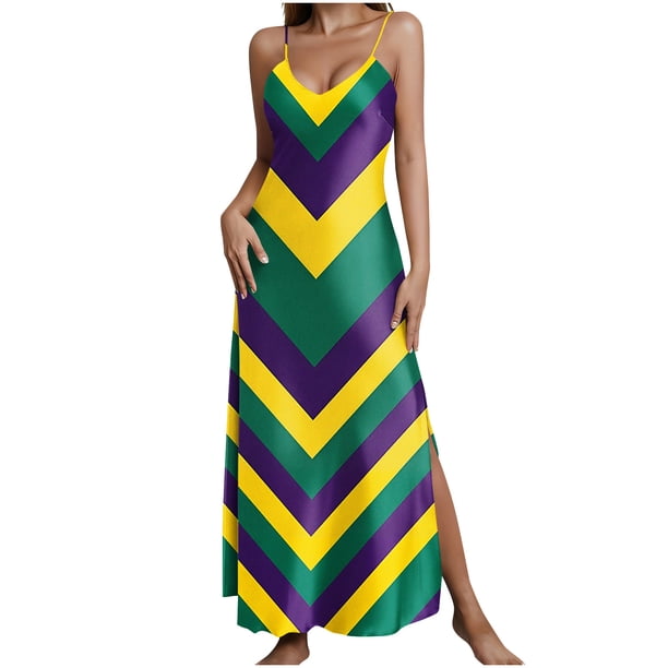 Falda Larga Verano Mujer Cuello en V sin Mangas Impresión de Carnaval Correa Dividida Maxi Vestido Casual Playa Dormir Deslizamiento Vestido Fluido