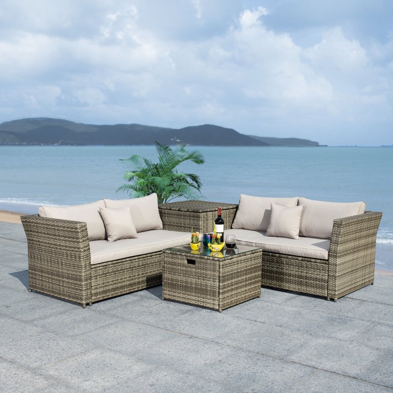 SAFAVIEH Outdoor Collection Helga Grey/Grey Wicker Conversation