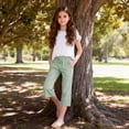 thumbnail image 2 of Gubotare Girls Capri Linen Short Pants Gingham Seersucker Elastic Waist Crop Pants Drawstring Casual Plaid Capris with Pockets 5T 6T (Green,5-6 Years), 2 of 5