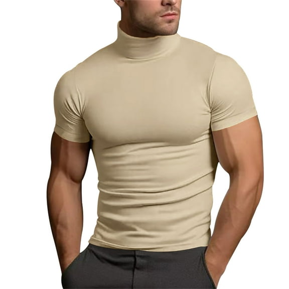 WTXUE T-Shirts Short Sleeve, Mock Neck Shirts for Men Male Summer Solid T Shirt Blouse Turtleneck T Shirt Solid | Casual for Men Beige 3XL