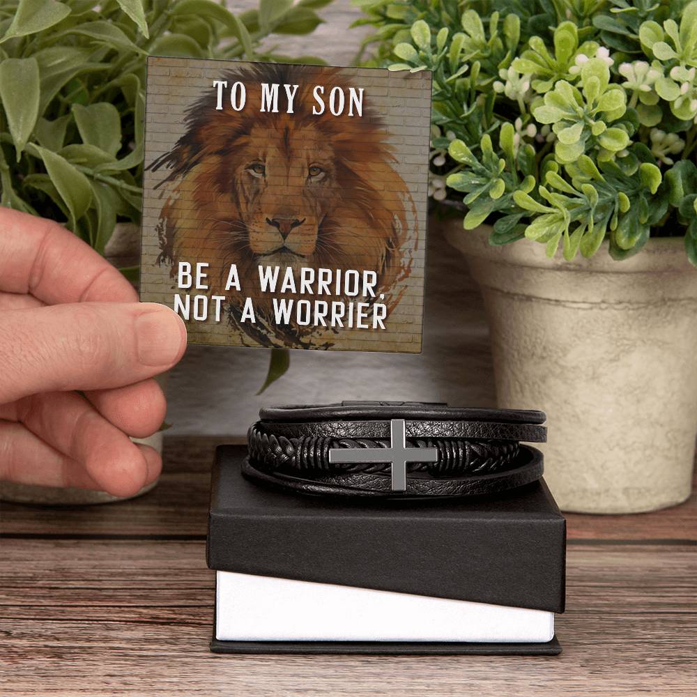 To My Son Be a Warrior Not a Worrier Men's Cross Bracelet - Vegan Leather with Stainless Steel