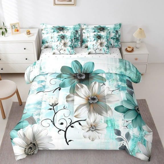 Erosebridal 7pcs Chic Floral Bedding King Size Women Daisy Flower Comforter Set, Teal Ombre Bedding Comforter Sets Gradient Oil Painting Bed in a Bag, Vintage Watercolor Bedding Accessories