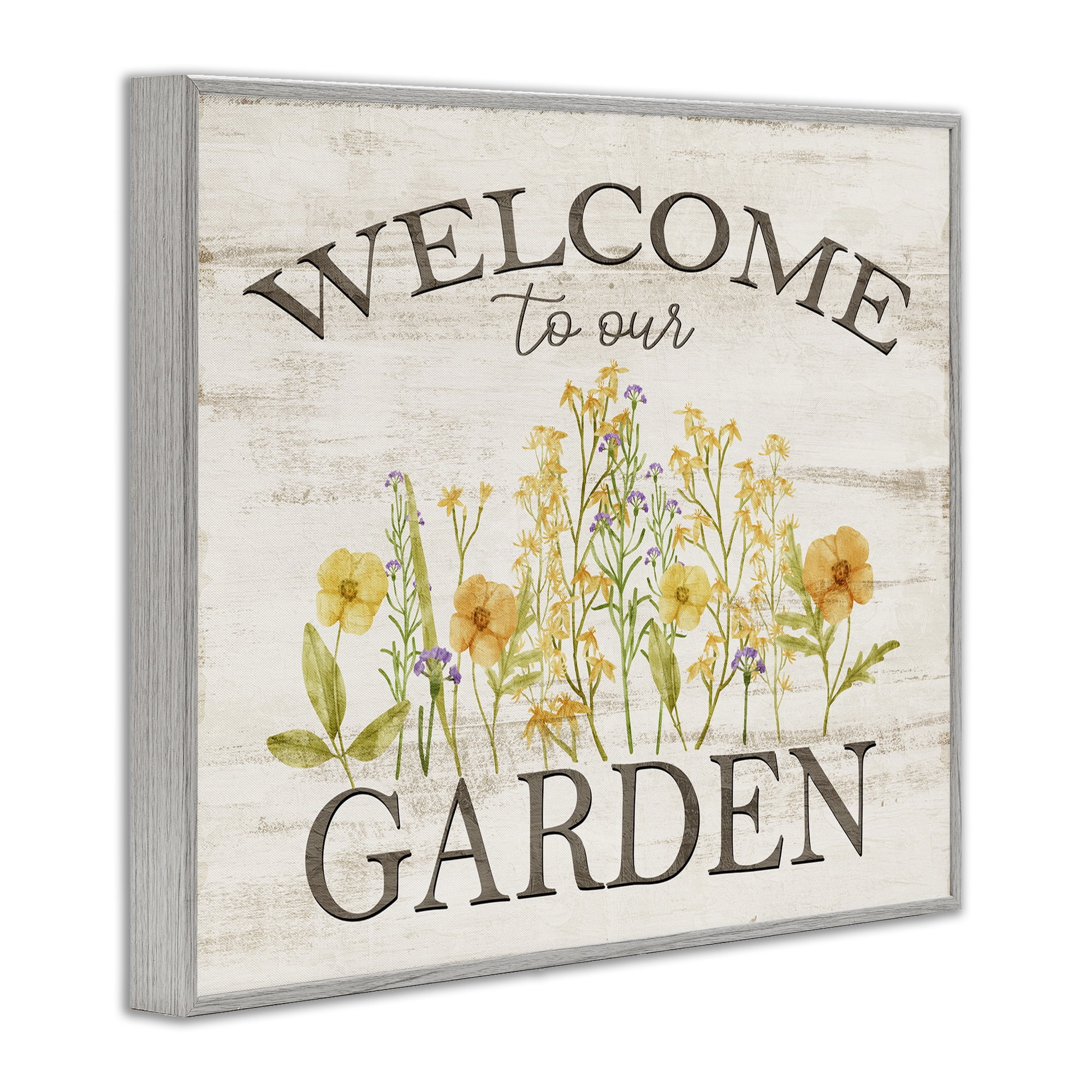 Stupell Industries Welcome To Our Garden Botanical & Floral Painting Gray Framed Art Print Wall Art, 20 x 16