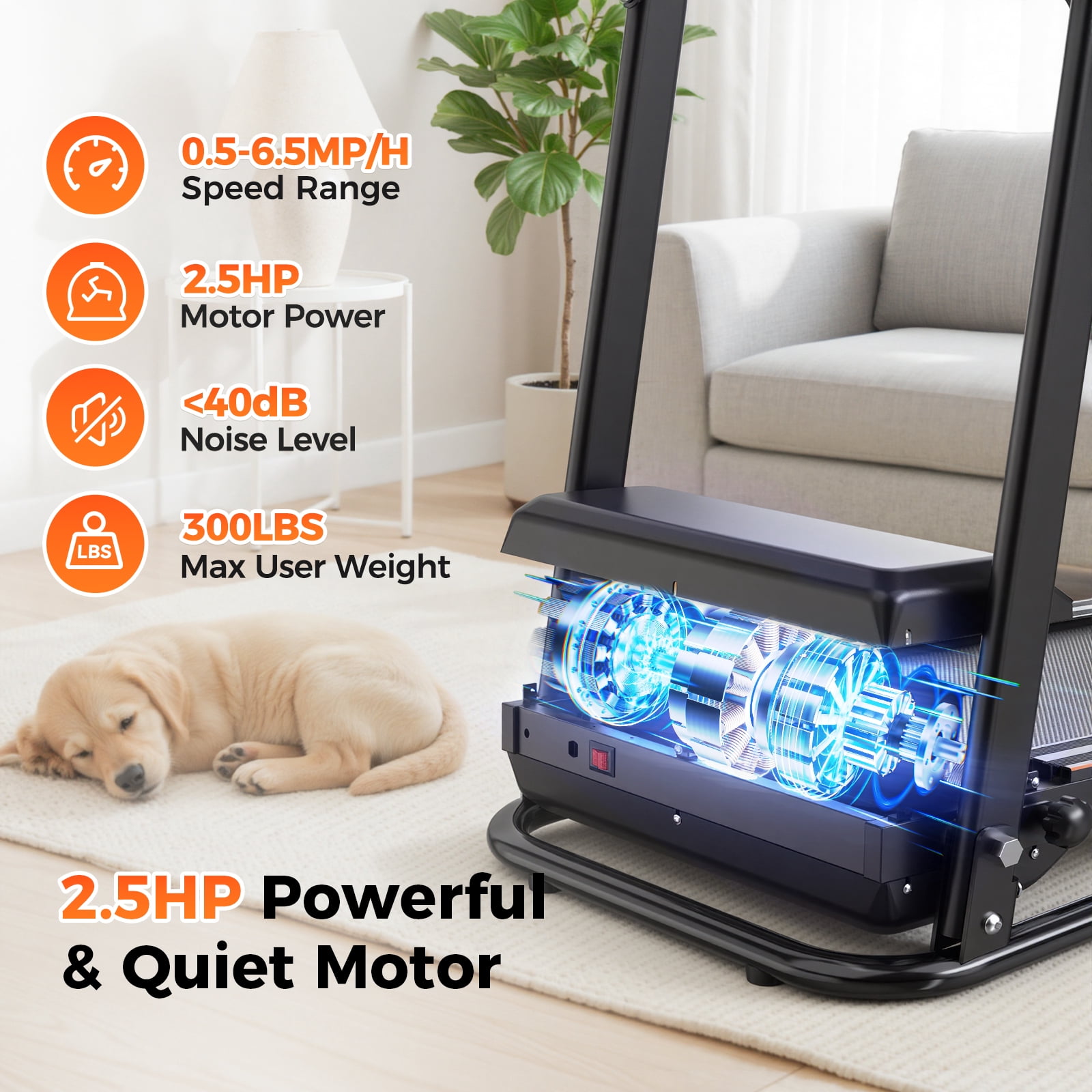 OBENSKY Walking Treadmills for Senior for Home with Long Handrail 300 lbs Weight Capacity Foldable Recovery Fitness Exercise Machine 3.0HP Running with Cup Holder With APP