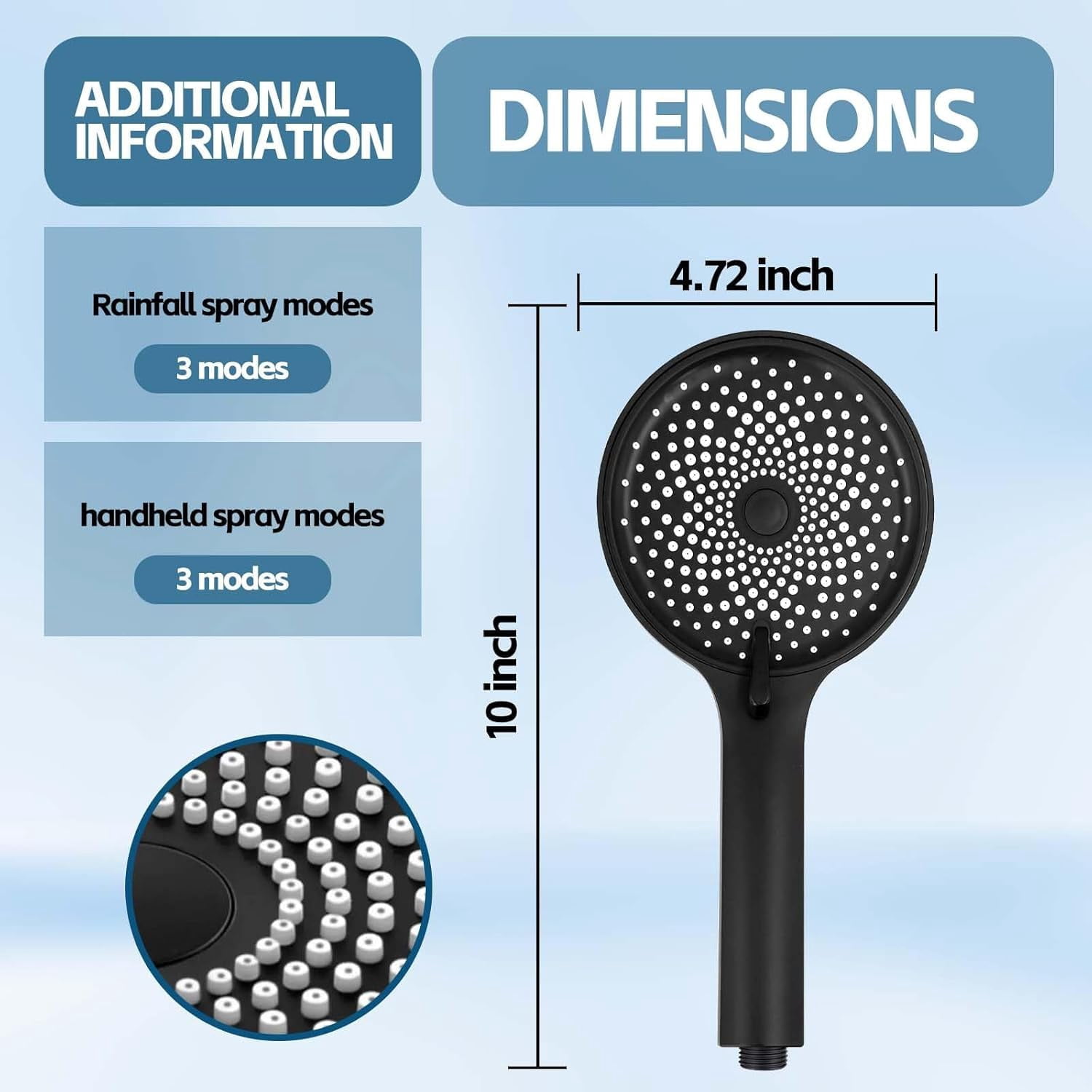 Shower Head 10 Inch High Rain With Handheld Spray Combo  Adjustable Dual Rainfall - Showerhead Comb Set Extension Arm 60 Long Hose(black)