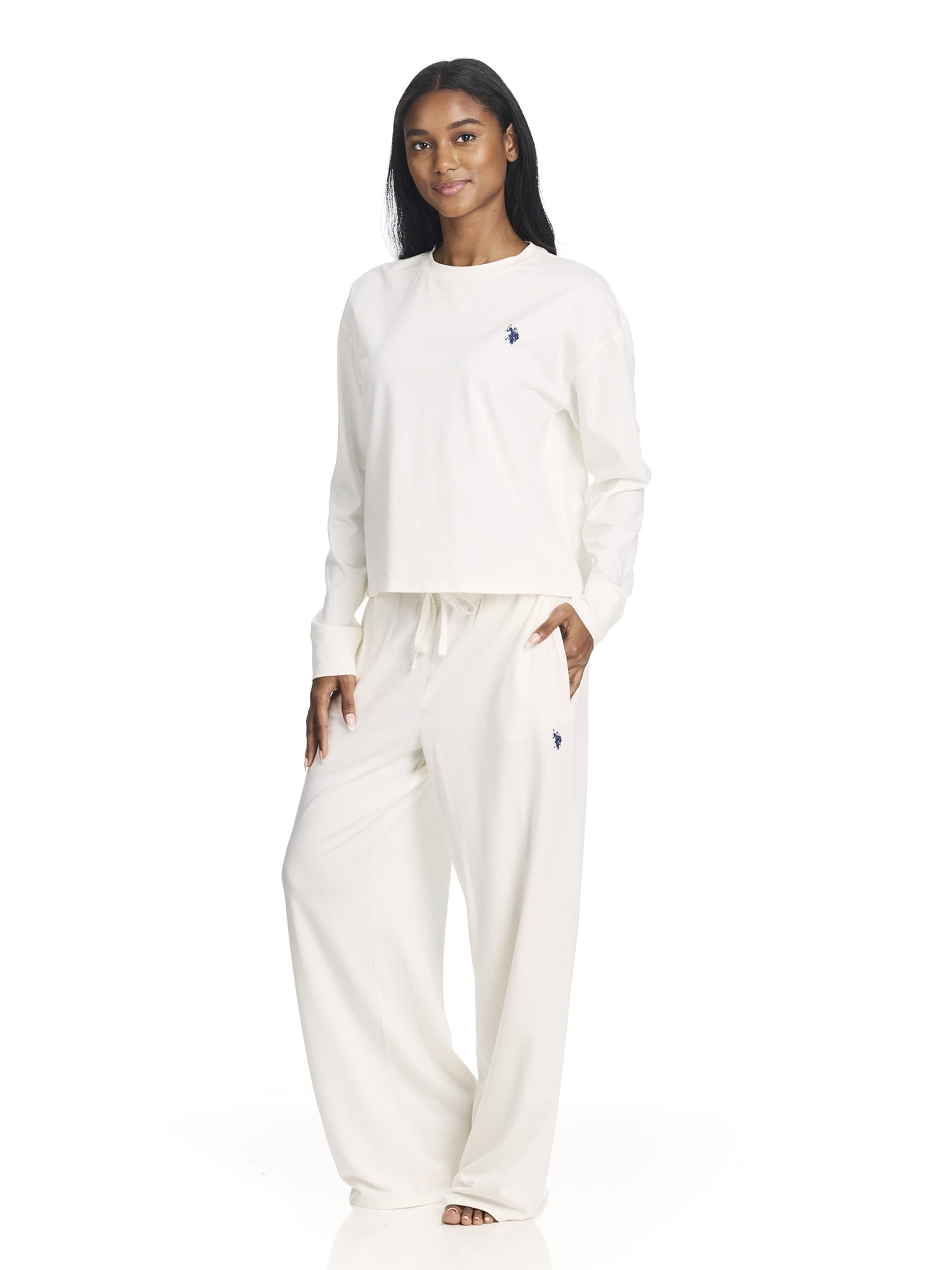 U.S. Polo Assn. Women's Long Sleeve Cotton Span Top and French Terry Wide Leg Pant Pajama Sleep Set, 2-Piece, Sizes S-3X