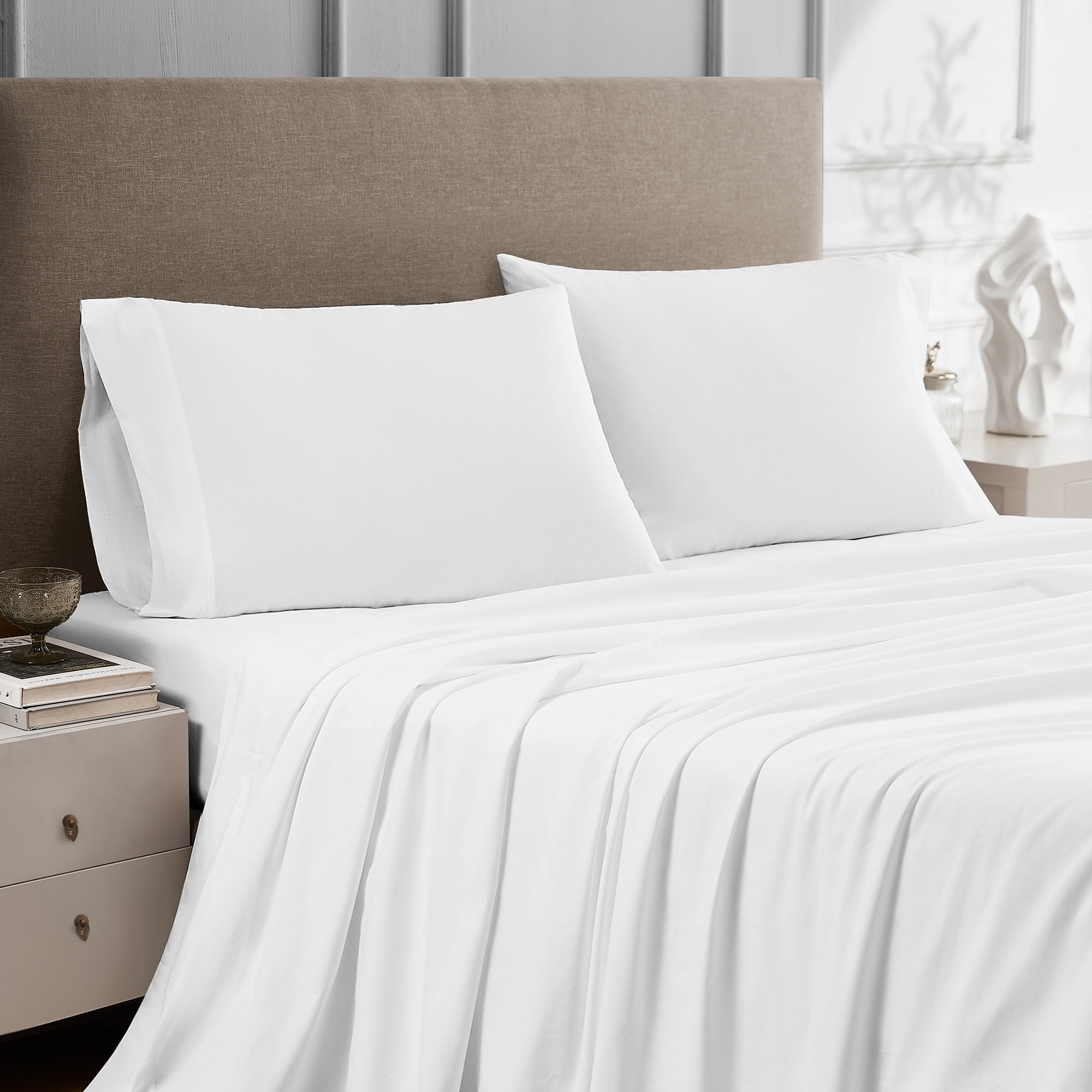 Color Sense 4-Piece 100% Cotton Percale Bed Sheet Set, Cool & Crisp Bedding, Queen, White