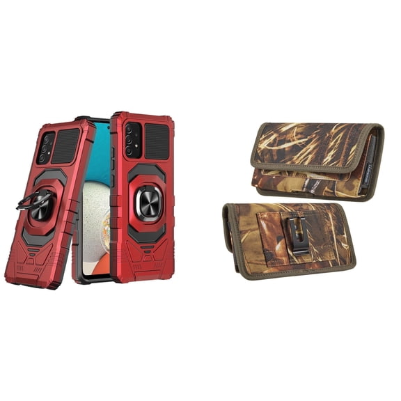 Case with Belt Holster Bundle for Samsung Galaxy A53 5G: Heavy Duty Shield Cover (Red) and Rugged Denim Nylon Phone Pouch (Tan Brown)