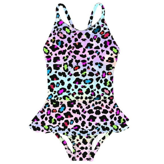 Baby Girl One-Piece Swimsuit Sleeveless Colorful Leopard Print Ruffles Bikini Bathing Suit, Size 18 Months-7 Years