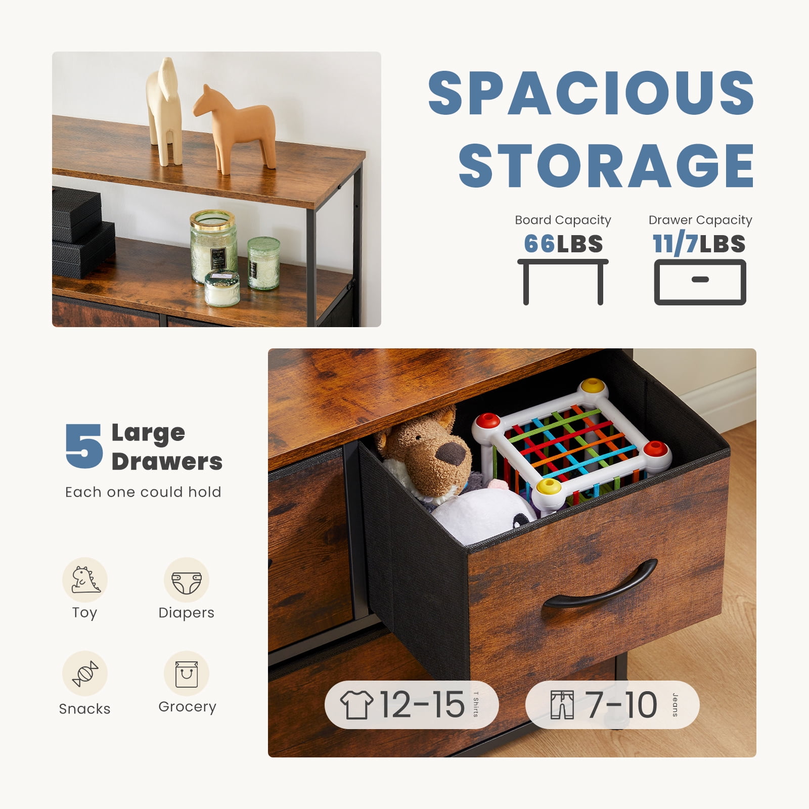 CONCETTA TV Stand Dresser with 5 Fabric Drawers and Open Shelving, Multi-functional Storage Unit Fits TV up to 45 inches for Bedroom Living Room Hallway, Rust