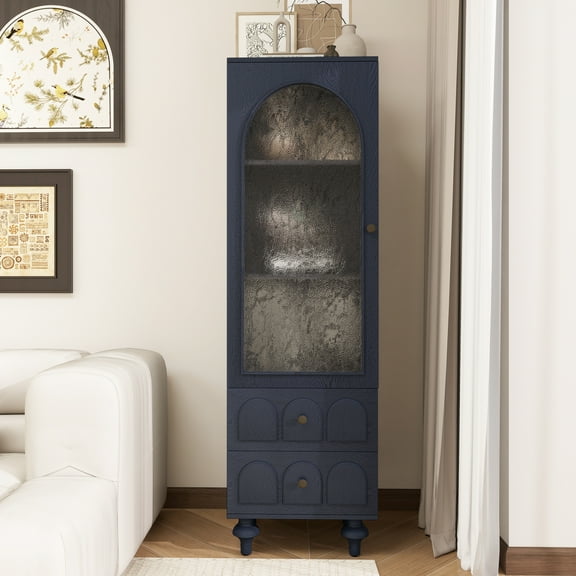 MDQMD 63''Tall Storage Cabinet,Blue Floor Cabinet with Glass Door & 2 Drawers for Living Room,Modern Cabinet for Kitchen,Bathroom