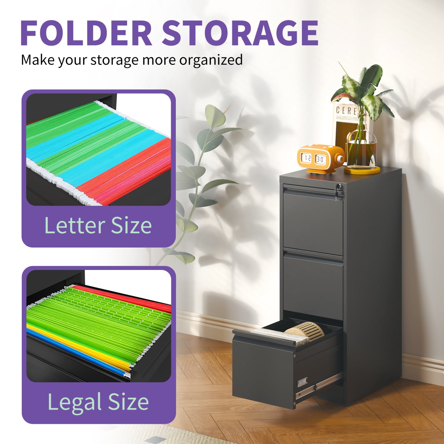 3 Drawer Metal Vertical File Cabinet with Lock Home Office Steel Filing Cabinet for A4/Legal/Letter Size Documents