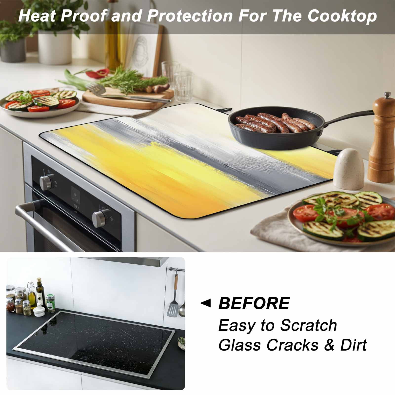 Yellow Gray Stove Top Cover for Electric Stove, Heat-proof & Non Slip Glass Top Stove Cover Protector, Contemporary Abstract Oil Painted Art Kitchen Flat Cooktop Rubber Mat 24x21 Inches