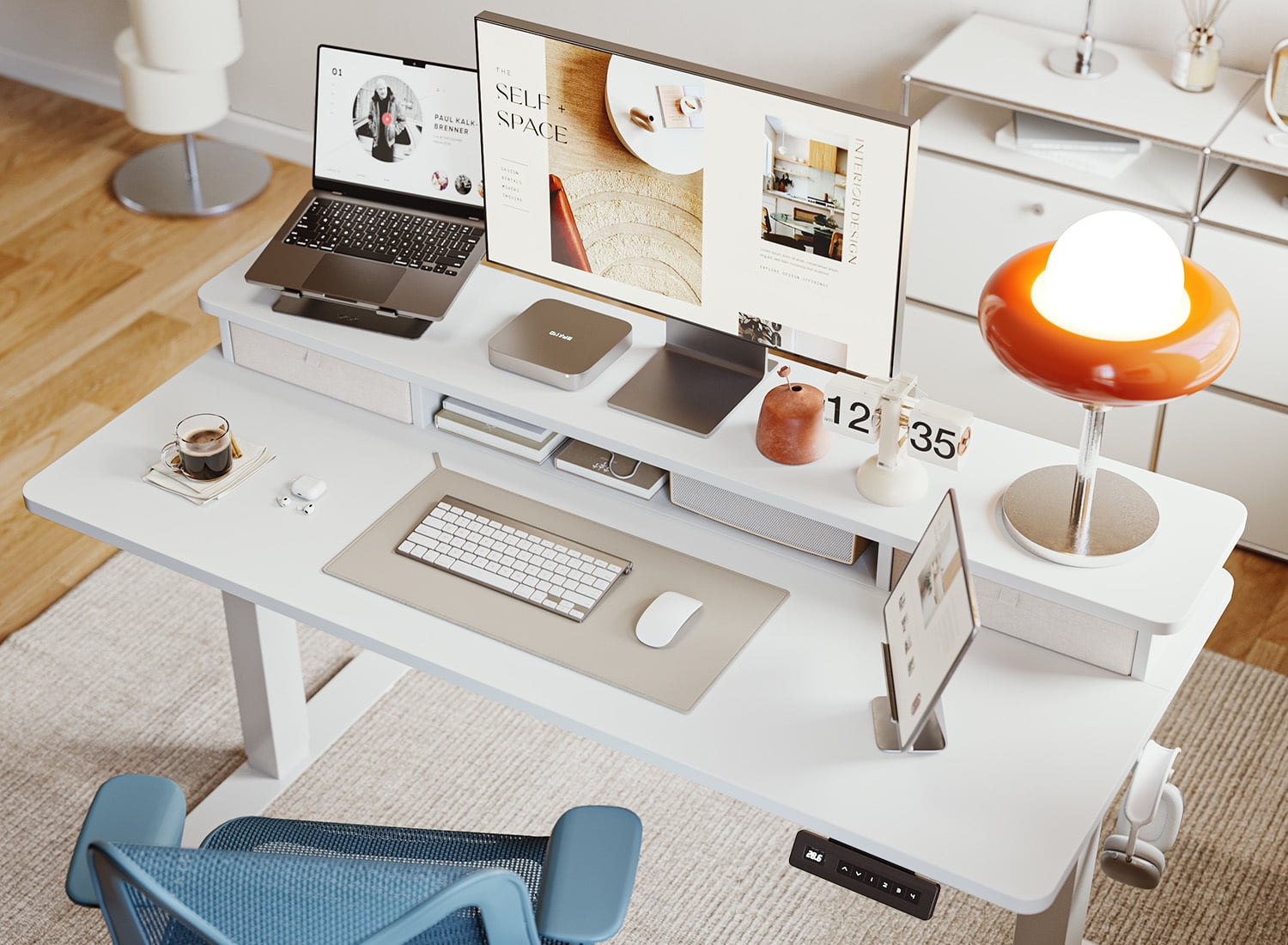 DESINO 63" x 28" Height Adjustable Electric Standing Desk with Double Drawers, Stand Up Desk with Storage Shelf, Home Office Desk Workstation with Splice Board, White