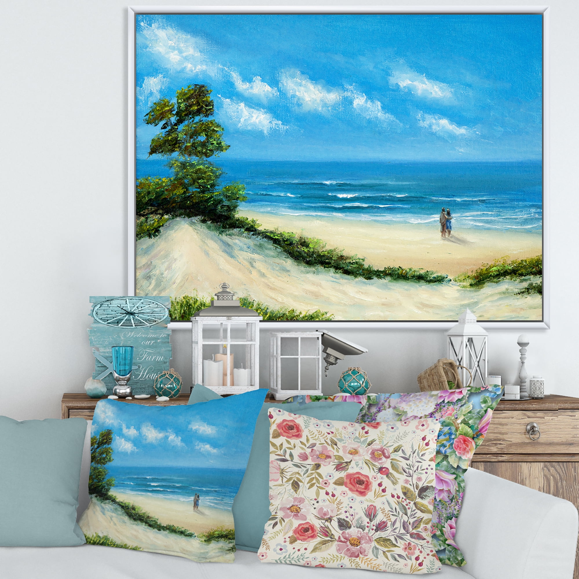 Couple At The Beach In Sunlight 32 in x 16 in Framed Painting Canvas Art Print, by Designart