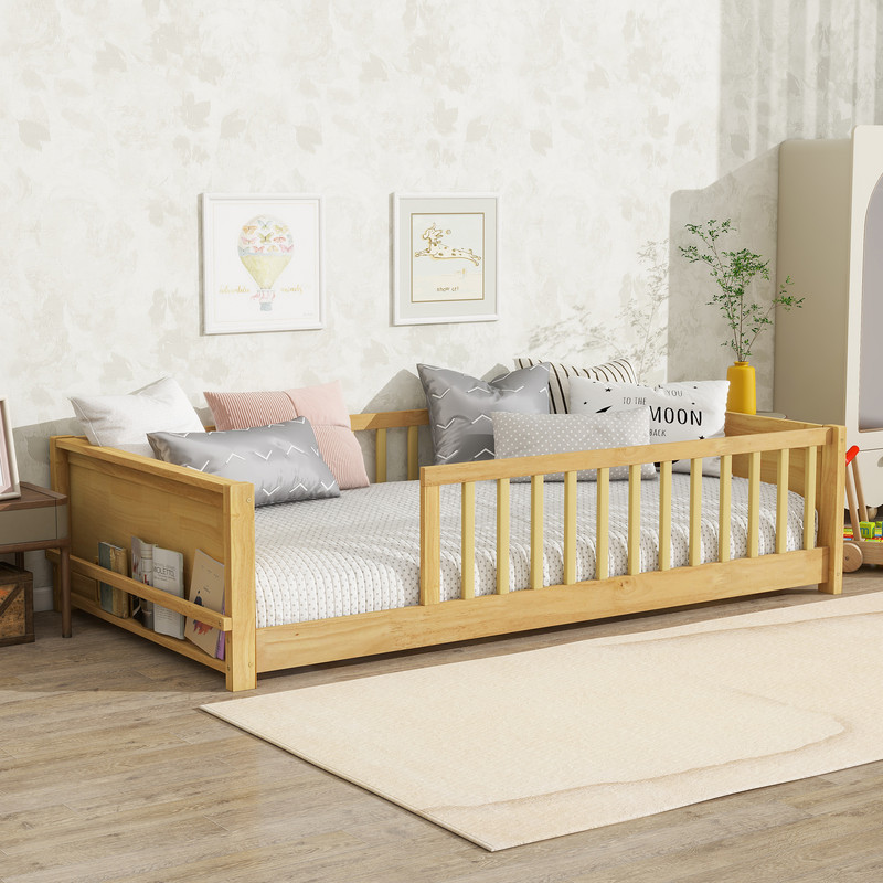 Mirightone Twin Size Floor Bed with Rails, Wood Montessori Floor Bed with Storage Bookcase, Montessori Bed Frame with Fence, Natural