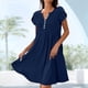 thumbnail image 3 of Vestido Tipo Túnica de Verano para Mujer, de Corta, con Botones, Cuello en V, Holgado, Informal, Plisado, Azul Oscuro, Talla L, 3 of 5