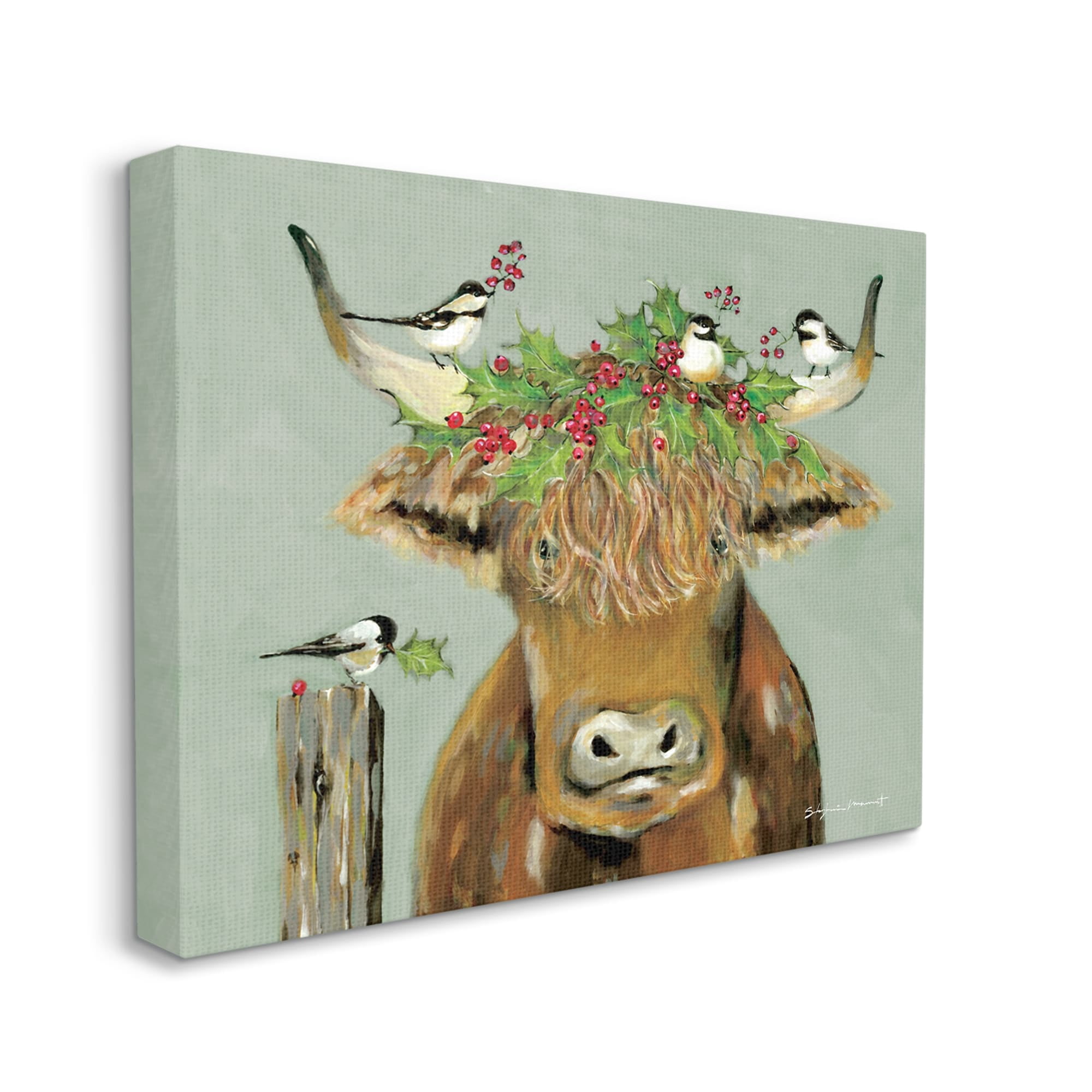Stupell Industries Cattle & Birds Holiday Holly Holiday Painting Gallery Wrapped Canvas Print Wall Art
