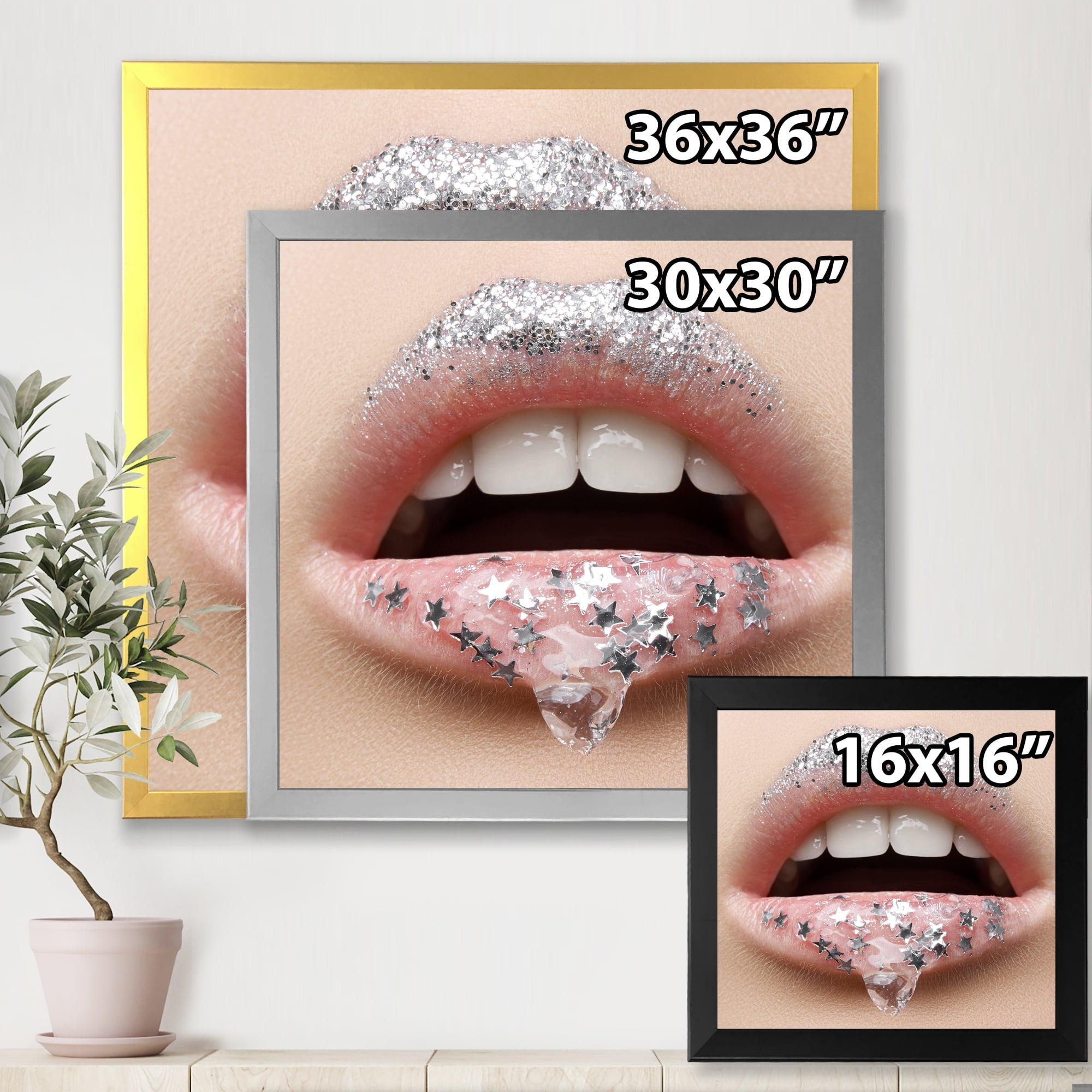 Designart 'Woman Lips With A Gel On The Lips & Stars' Modern Framed Art Print