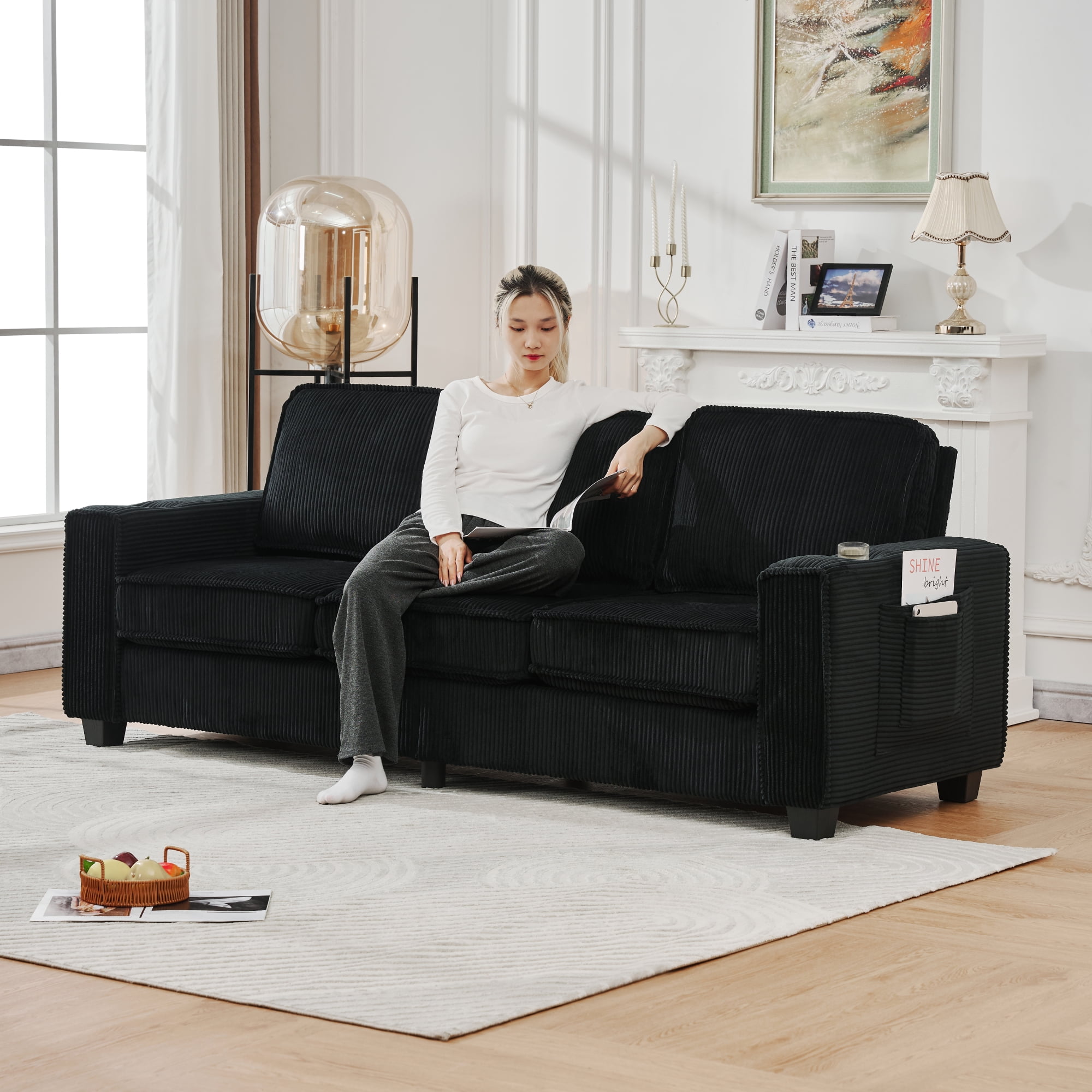 Leumius 84'' Sofa Couch with Cupholders,3 Seater Sofa Couch with Armrests,Comfy Couches for Living Room, Bedroom, Apartment and Office,Black