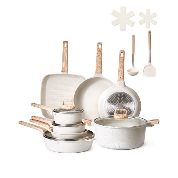 VEVOR 19 Piece Pots and Pans Set Nonstick, Granite Cookware Set, Induction Cookwares, Kitchen RV Cooking Sets with Frying, Sauce, Saute, Tempered Glass Lids, and Pan Protectors, White
