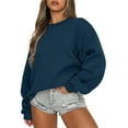 thumbnail image 3 of QUYUON Crewneck Sweatshirts Women Deals Funny Sweatshirts Women Polyester Long Sleeve Crew Neck Solid Blouse Tops Style S-1061 Lightweight Plus Size Sweatshirts Ladies Loose Fit Shirts Navy L, 3 of 7