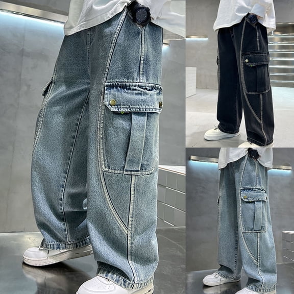 HAOTAGS Boys Cargo Jeans 8-10,Straight Leg Relaxed Fit Utility Pockets Sturdy Denim Pants Blue