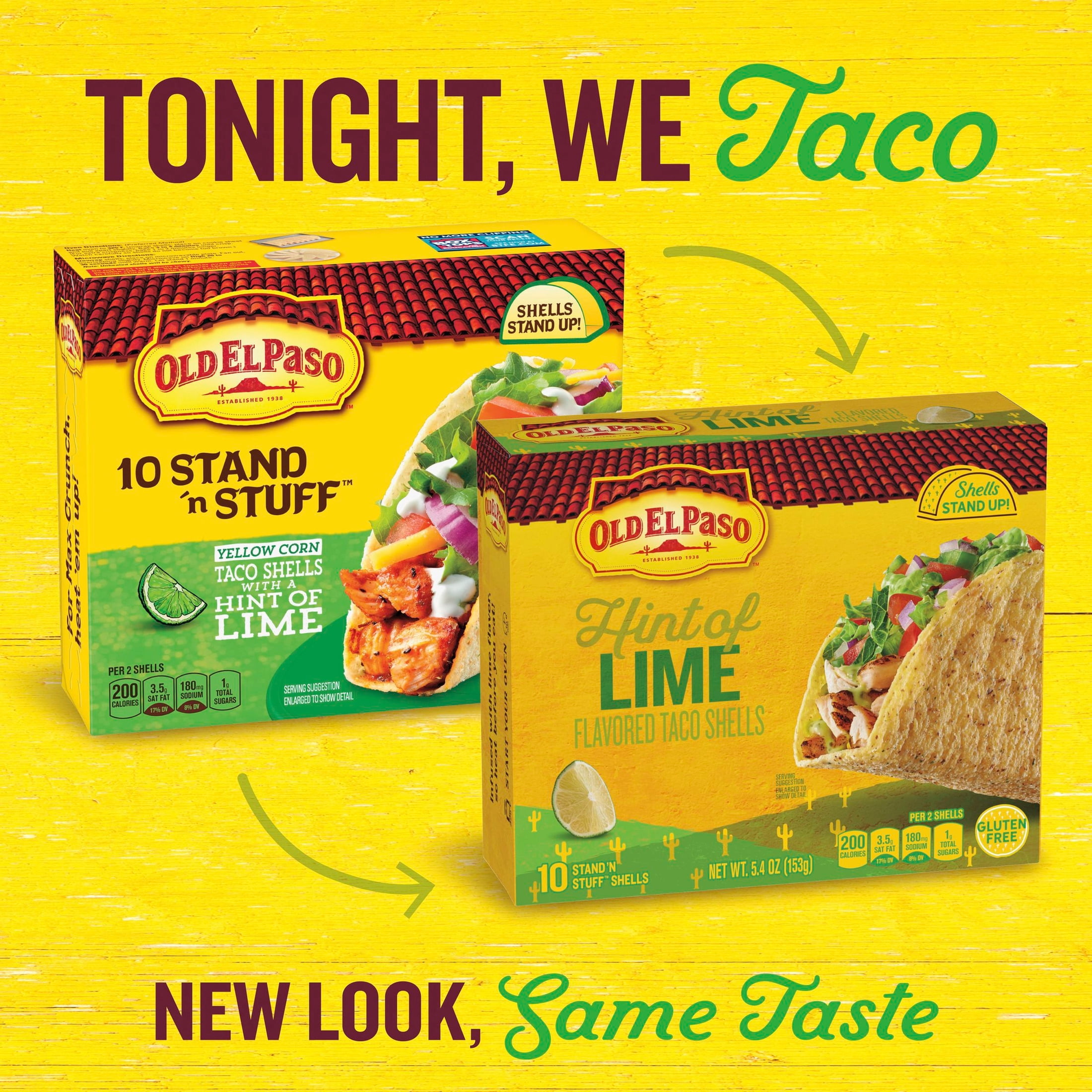 (2 pack) Old El Paso Stand 'N Stuff Taco Shells, Hint of Lime Flavored, Gluten Free, 10 Count, 5.4 oz