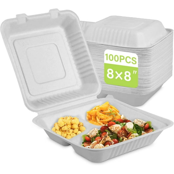 Compostable Take Out Food Container 8X8, 100 Pack 3 Compartment Clamshell Food Container, Disposable To Go Food Boxes, Biodegradable Food Containers Made of White Sugar Cane Fibers