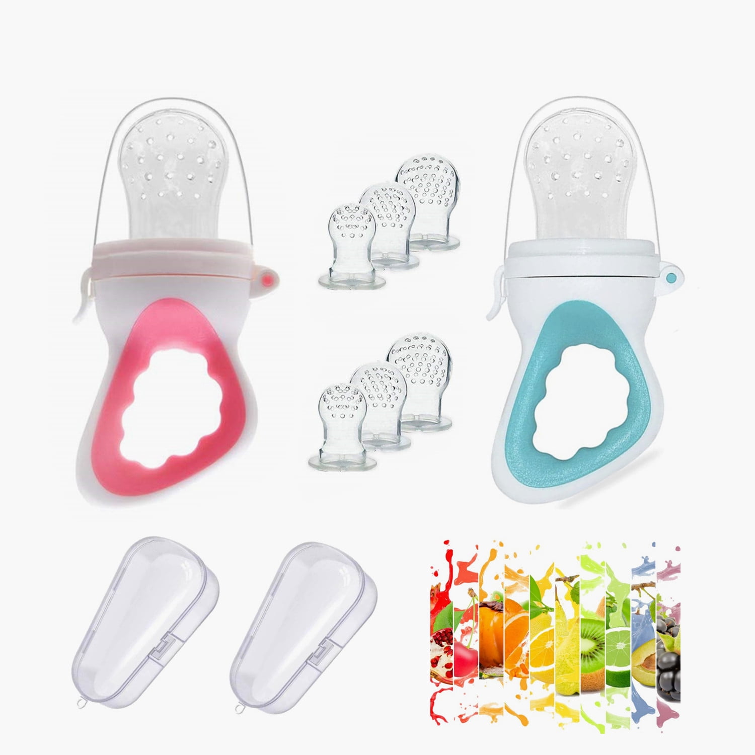 Baby Food Fruit Feeder Pacifier - Relief Teething Silicone Nipple Teething Toys for Babies with storage box, including 6 nipples,3 Sizes, Pink/green, 2 pack