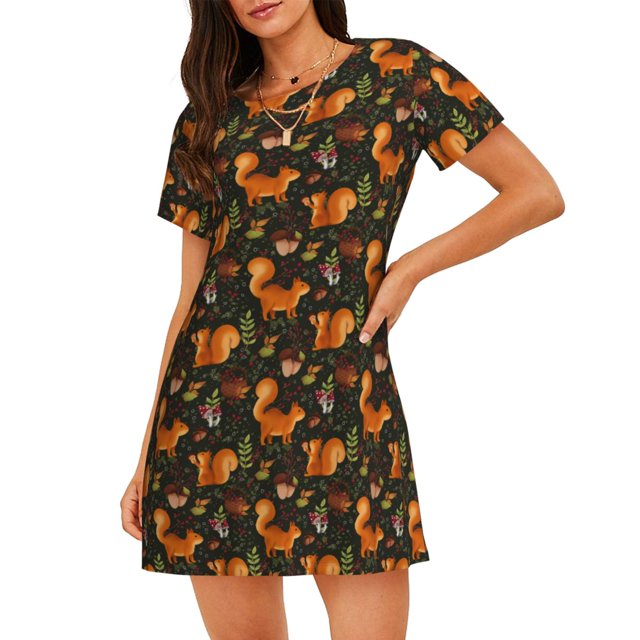 Kdxio Chemise de Nuit Festive Écureuils Imprimé Forêt Foncée pour Femmes Manches Courtes Chemise de Nuit Décontractée Imprimée Robe de Nuit Ample Confortable Pyjama