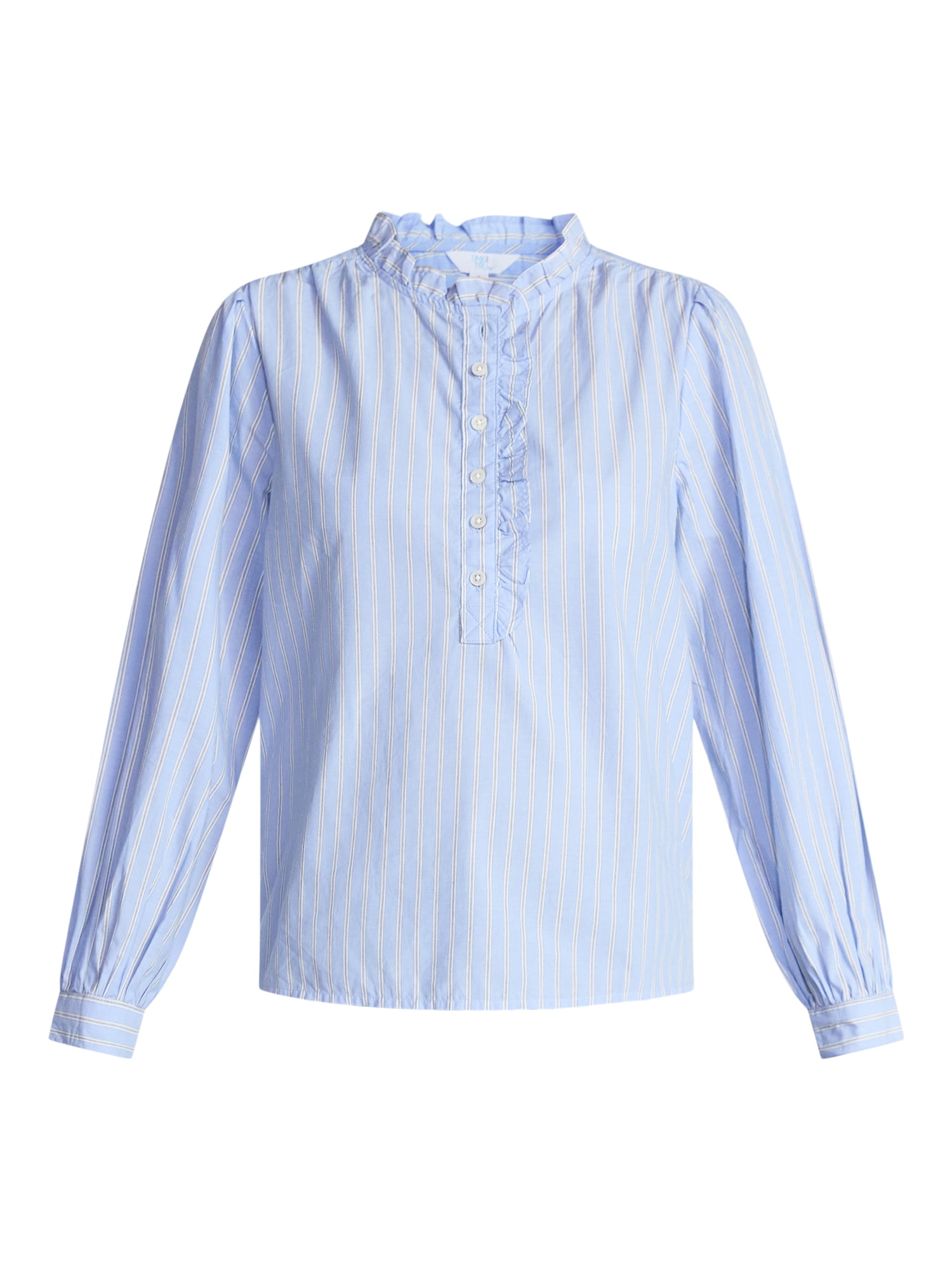 Time and Tru Women's Long Sleeve Ruffle Neck Button Down Top, Sizes XS-XXXL