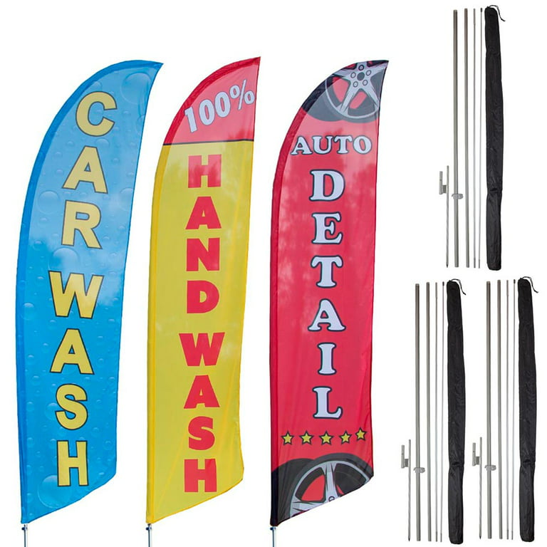 Vispronet Car Wash Flag Bundle - 3 Pack of Auto Detail, 100% Hand Wash, Car Wash Feather Flags - Includes Pole Set and Ground Sleeves for Car Wash Flag Pole 