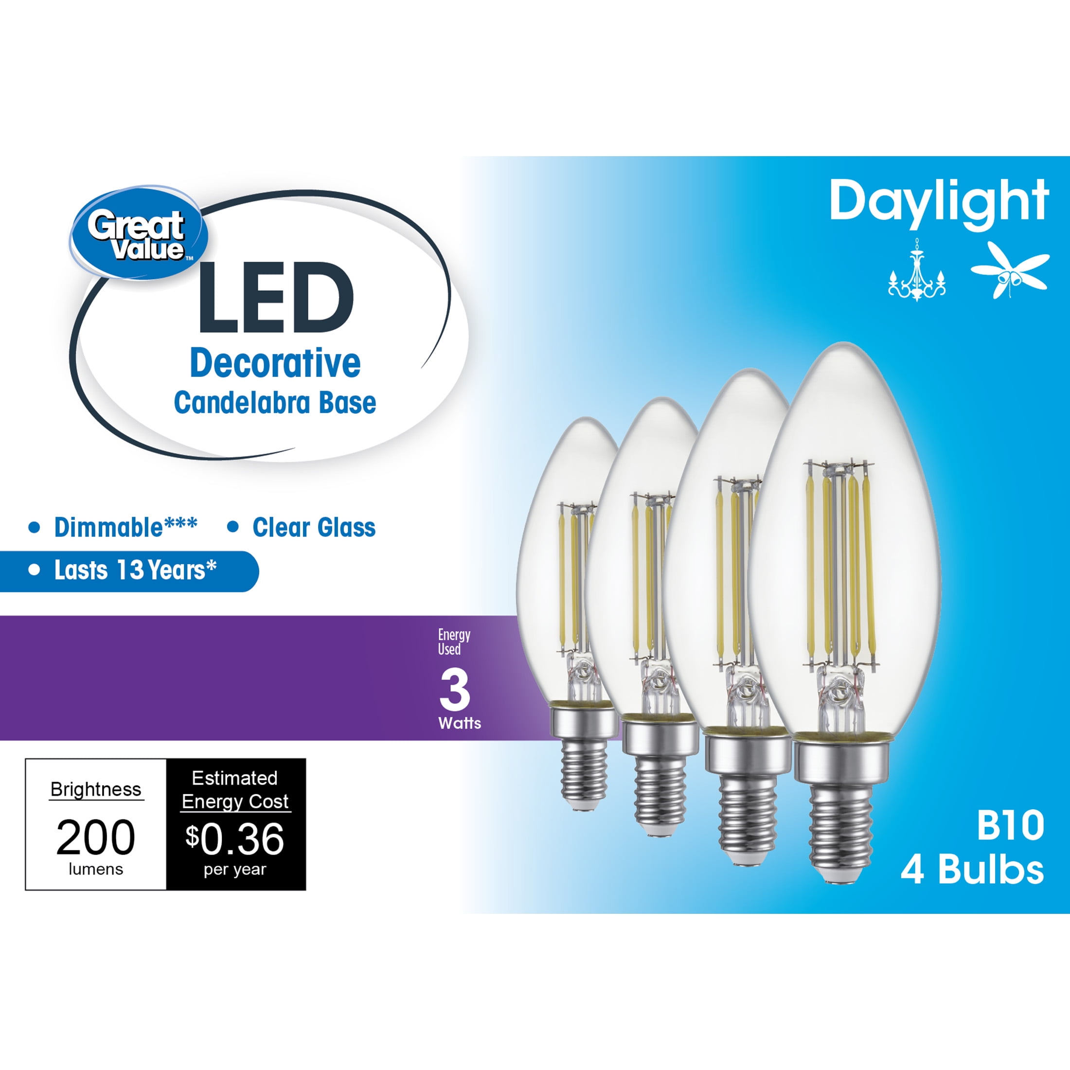 Great Value LED Bulb, 2.5W (25W Equivalent) B10 Deco Lamp E12 Candelabra Base, Dimmable, Daylight, 4-Pack - Walmart.com