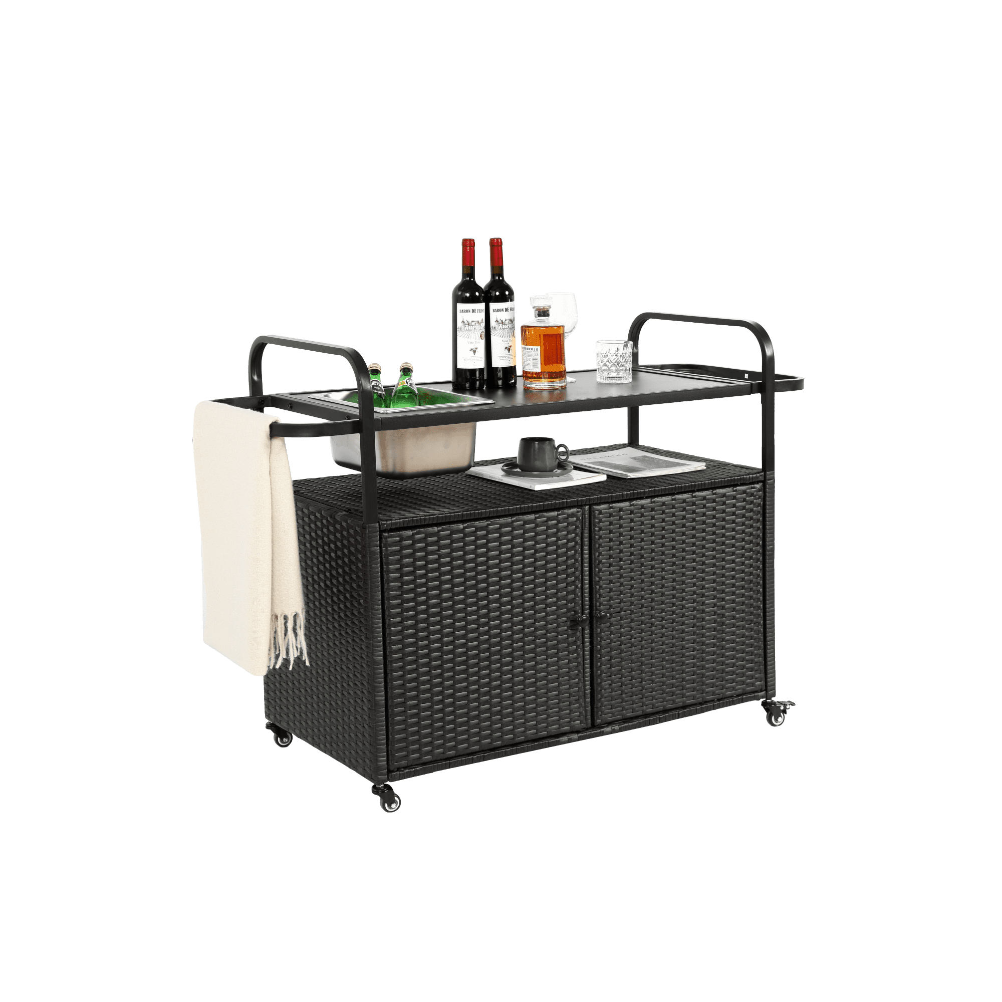Outdoor Bar Cart,Wicker Bar Table Cart with Cabinet,Patio Serving Cart with Steel Top, Ice Bucket,Lockable Wheels, Side Basket for Garden, Poolside & Backyard,Black