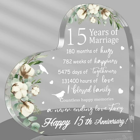 Wedding Gift for Her Years of Marriage Gift Happy Anniversary Present for Woman Acrylic Heart Marriage Keepsake for Wife Husband Girlfriend Boyfriend (15th Style)
