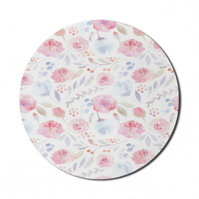 Watercolor Mouse Pad for Computers, Delicate Spring Pattern Blooming Roses Buds Leaves Feminine Romantic, Round Non-Slip Thick Rubber Modern Mousepad, 8" Round, Pale Pink Baby Blue, by Ambesonne