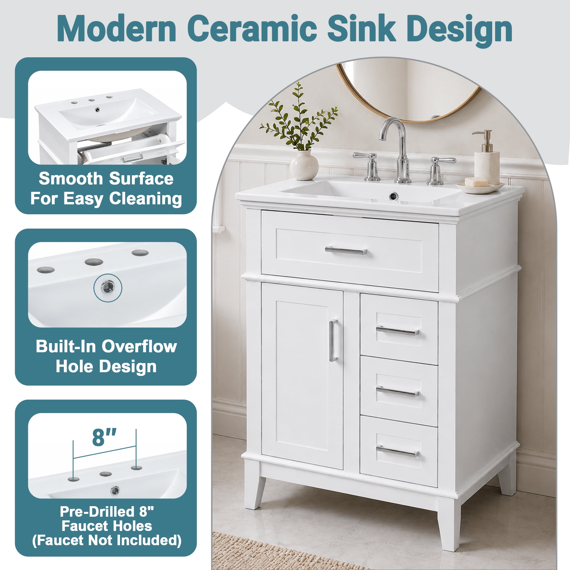 GARITIN 24 Inch Bathroom Vanity with Ceramic Sink, Solid Wood Frame & MDF Cabinet, 1 Door, Flip Drawer & 3 Drawers, Soft Close Hinges, Adjustable Shelf, White