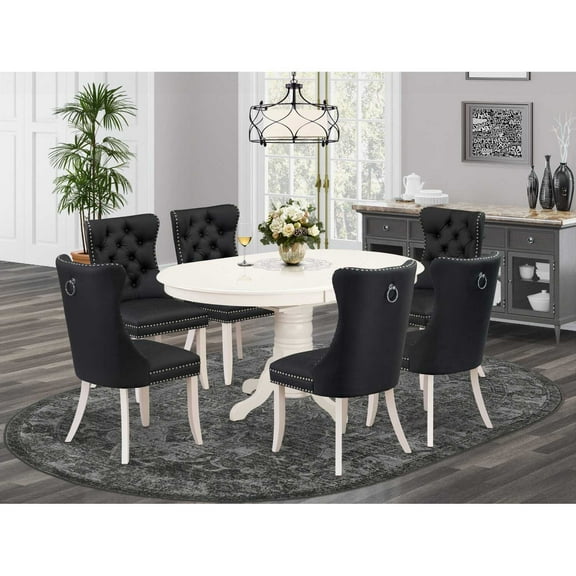 Homestock Old World Charm 7 Piece Dining Set Includes An Oval Dining Table With Leaf And 6 Upholstered Chairs, Linen White - 36 X 36 X 30 Inches