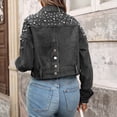 thumbnail image 5 of Hvot&aat Women's Studded Denim Jacket Long Sleeve Button-Up Turndown Collar Denim Outwear Distressed Frayed Cropped Jean Coat, 5 of 6