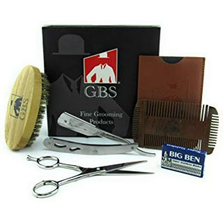 GBS Mens Beard Kit - - Anti Static Sandalwood Beard & Shaping Tool, Heavy Duty Stainless Shavette, Natural Boar Bristle Beard Brush Oval Bamboo Handle, Professional Barber Scissors, and Blades!