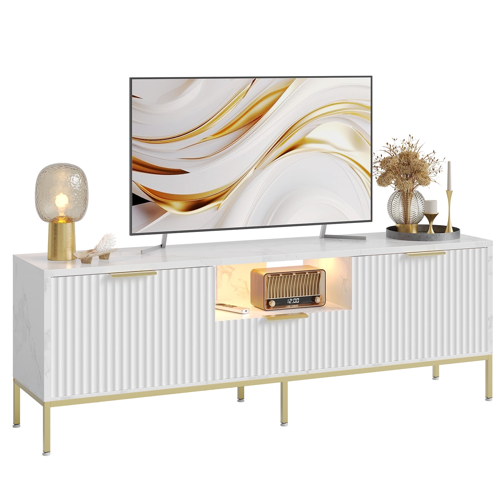 Bestier 55" LED TV Stand for TVs up to 60" Modern High Gloss Entertainment Center with Drawers Cabinets Fluted TV Console, White Marble & Gold