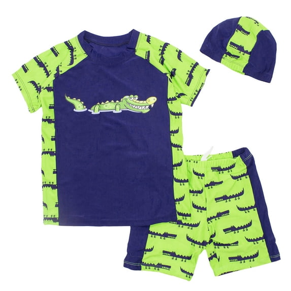 Kids Boy Cartoon Dinosaur Shark Rashguard Top & Swim Shorts with Hat 3 pcs Set (Green Crocodile/Navy, L/5-7 Years)