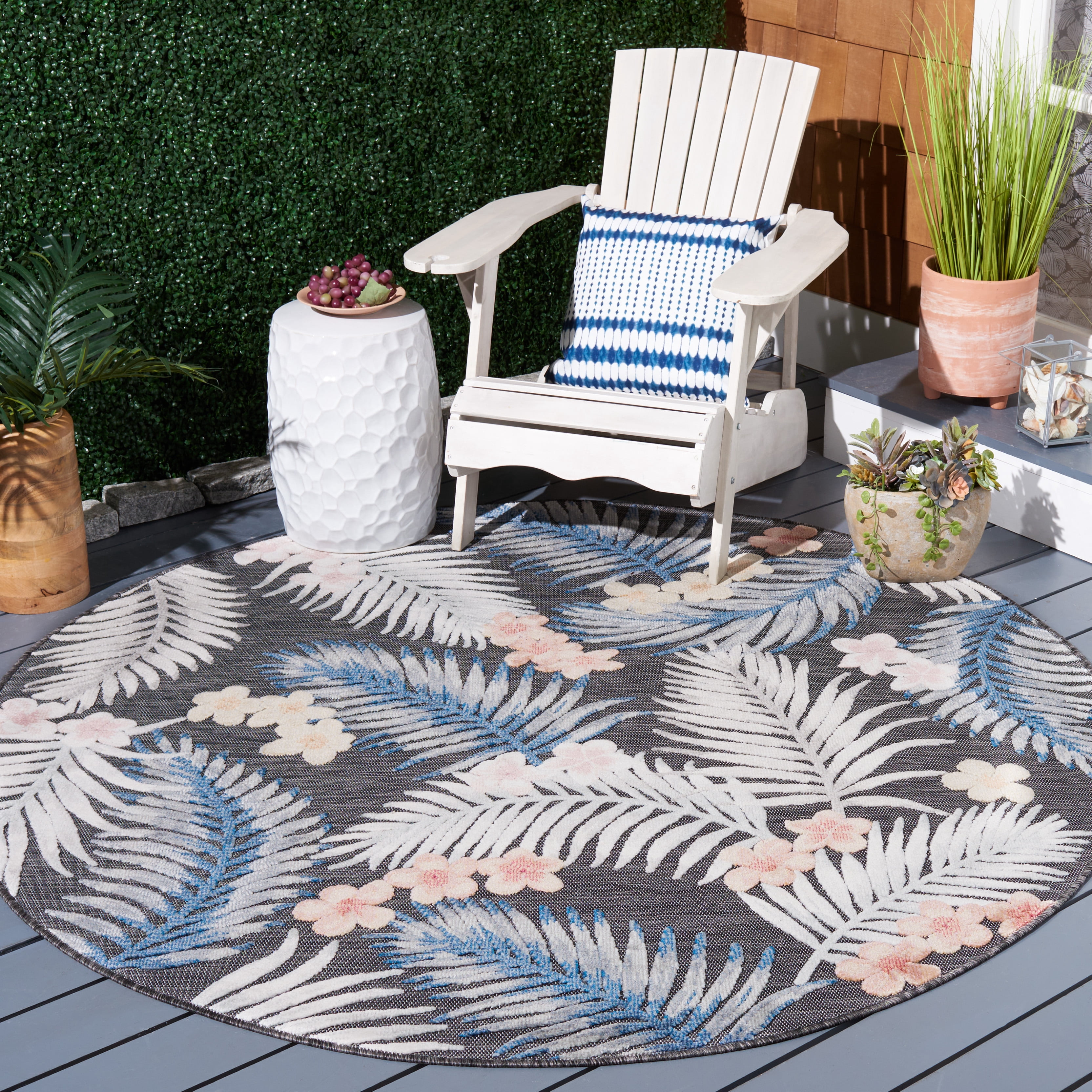 SAFAVIEH Cabana Kade Botanical Indoor/Outdoor Area Rug, Black/Rust, 6'5" x 6'5" Round