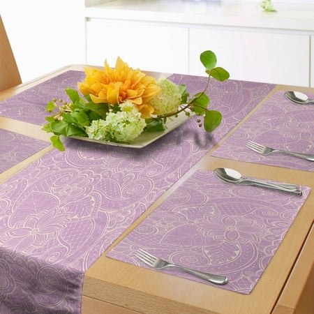 

Leaves Table Runner & Placemats Composition of Monochrome Foliage Design with Paisley Shapes and Blooming Flora Set for Dining Table Placemat 4 pcs + Runner 12 x90 Lavender Beige by Ambesonne