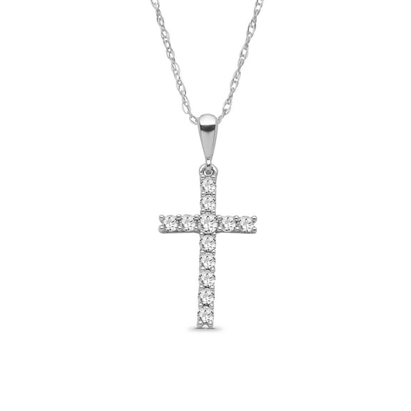ARAIYA JEWELRY 10K White Gold Diamond Cross Pendant with Silver Chain Necklace for Women (1/4 Cttw, I-J Color, I2-I3 Clarity), 18"